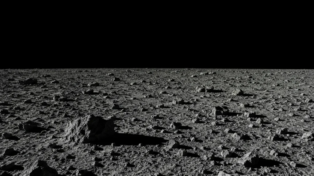 Sunlit rocky surface of an airless world under an absolutely black sky, with no trace of any presence.