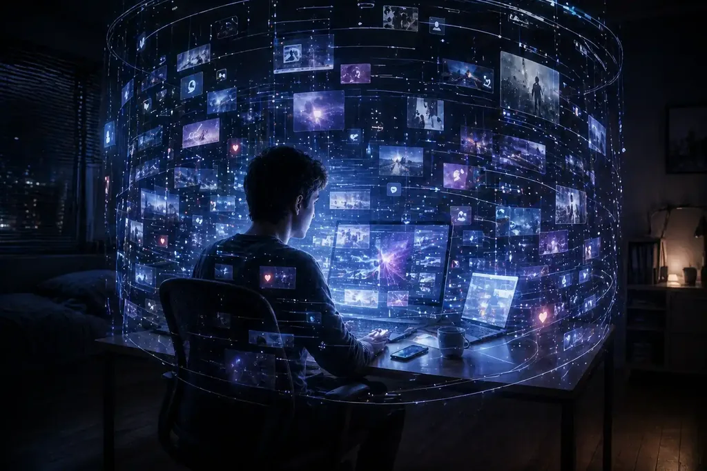 A person sits alone at night in front of multiple glowing screens, but instead of showing normal content, the screens emit streams of light that form a soft cage around the person.
