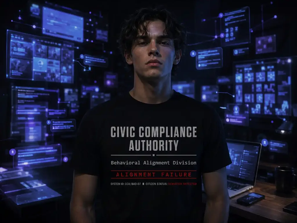 The model is standing in a dimly lit room at night, surrounded by multiple glowing screens, abstract recommendation panels
