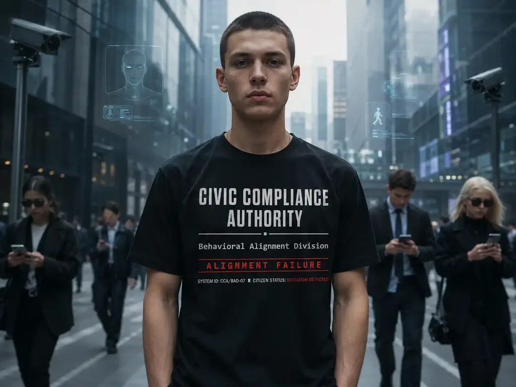 a human model wearing a black t-shirt with the provided “CIVIC COMPLIANCE AUTHORITY — ALIGNMENT FAILURE” design printed clearly on the chest.
