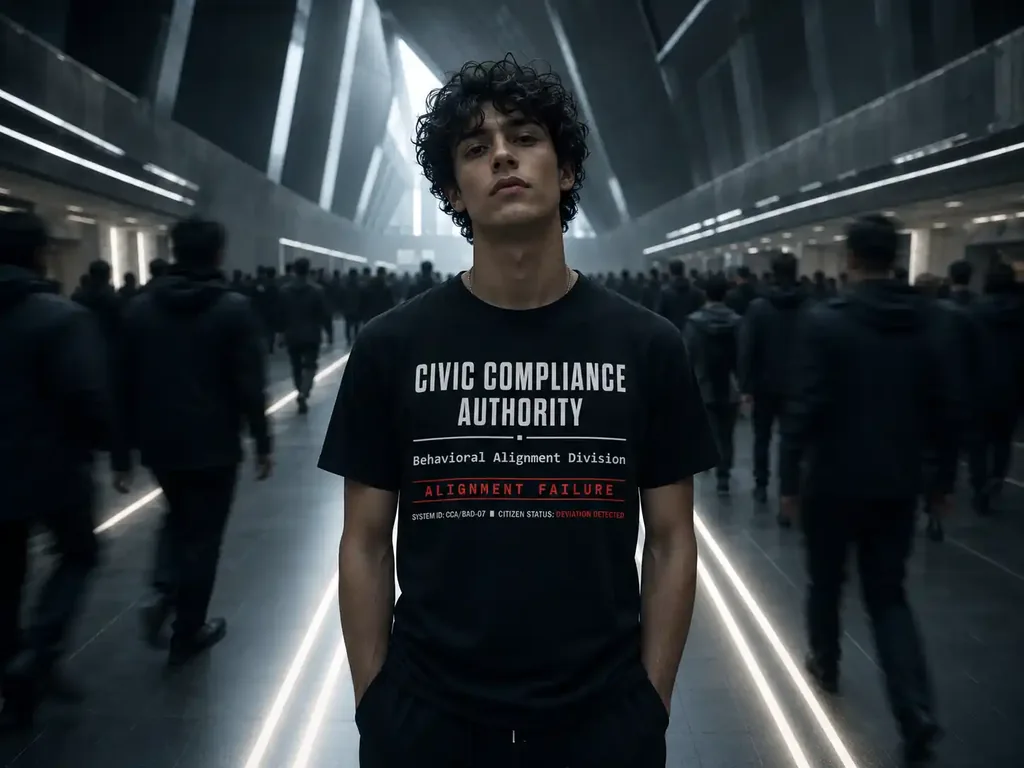 The model stands still inside a vast modern transit hub while a crowd of commuters moves around them in a smooth, coordinated flow. The crowd follows subtle glowing guidance paths on the floor.