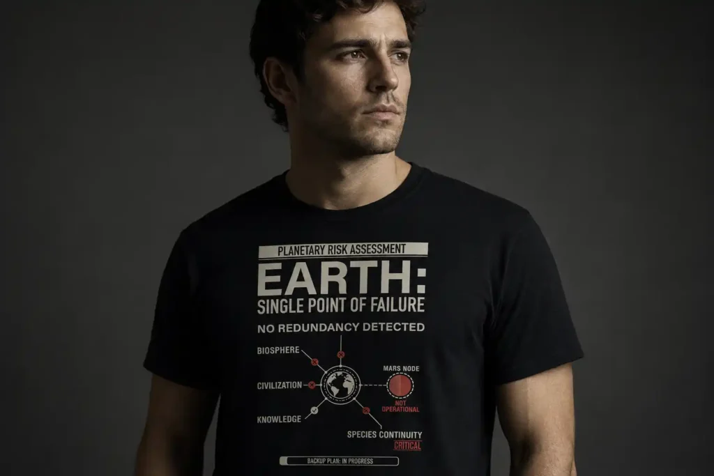 Man wearing an Earth: Single Point of Failure T-shirt 
