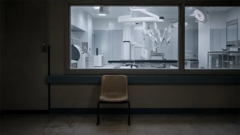 A worn plastic chair in a dim waiting area, facing a window into a brightly lit, empty operating theatre with a robotic surgical arm.