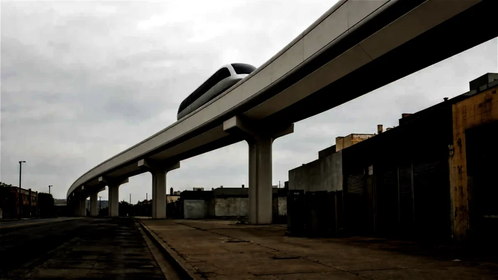 An elevated transit guideway curving upward to the right above a flat sidewalk of shuttered storefronts, the gap between them widening across the frame.