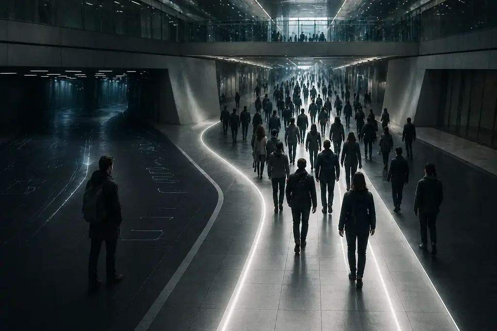 A large group of ordinary people walk through a clean, modern transit hub or shopping concourse.