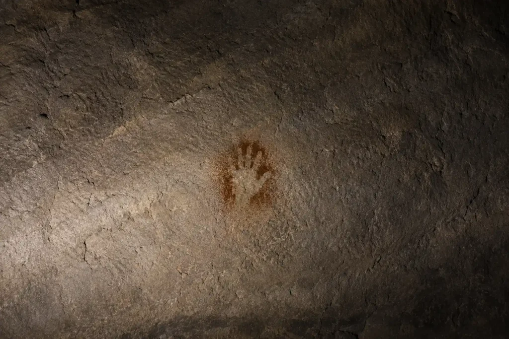 Prehistoric ochre hand stencil preserved on a cave wall.