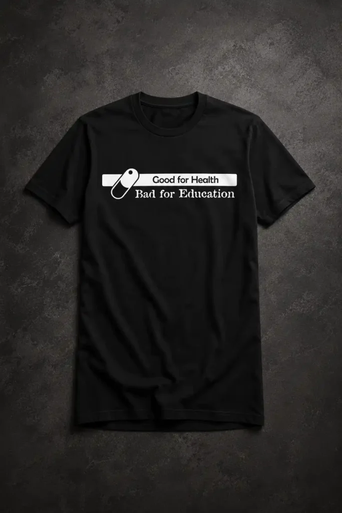 Black T-shirt featuring the “Good for Health, Bad for Education” pill design.