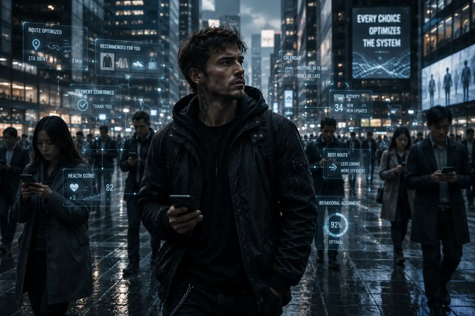 Young man walking through a near-future city surrounded by digital guidance interfaces symbolizing invisible control and behavioral alignment