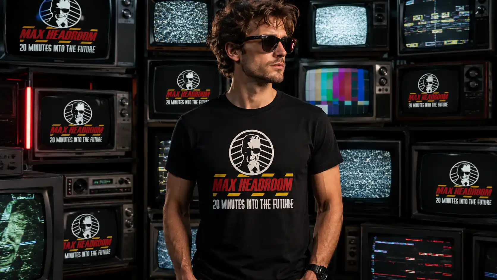 Model wearing a black Max Headroom T-shirt in front of a wall of retro CRT televisions