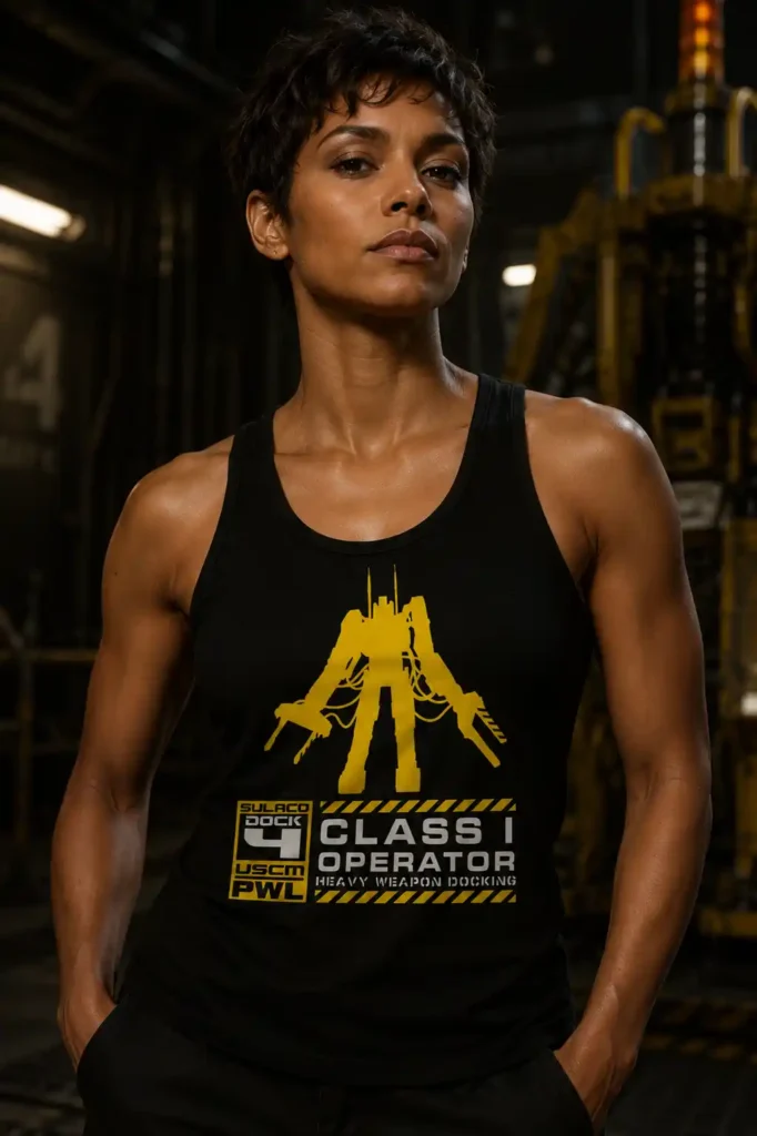 Female model wearing a black Power Loader Class I Operator tank top in an industrial sci-fi setting
