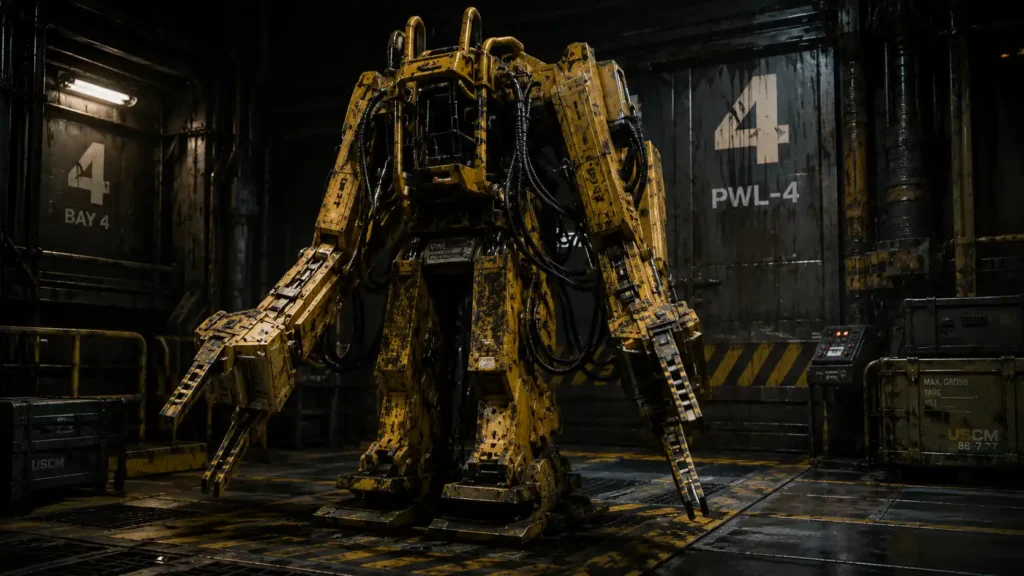 Yellow industrial power loader exoskeleton standing inside a dark sci-fi cargo bay