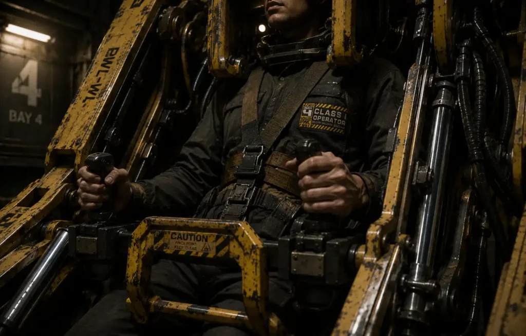 Human operator seated inside a yellow industrial power loader exoskeleton